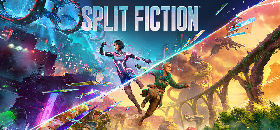Auto-generated description: A dynamic scene features two characters, one in a neon-lit futuristic city and the other in a vibrant, lush fantasy landscape, with the words Split Fiction at the top.