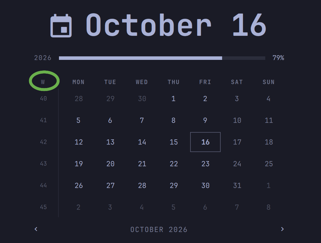 The calendar displays the month of October 2026, highlighting the 16th as a Friday and showing the week number 42 on the left side.